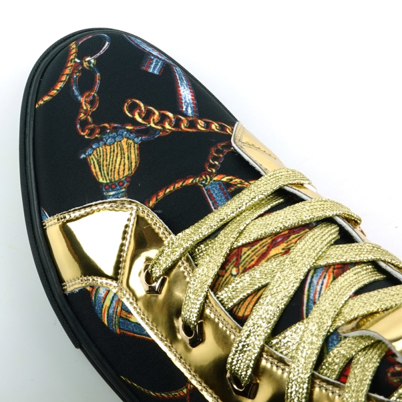 The FI-2421 Black High Top Sneaker Encore by Fiesso, designed by Fiesso, features a combination of micro leather and black fabric, enhanced with gold metallic accents, patterned laces, and a decorative gold lion emblem on the side.