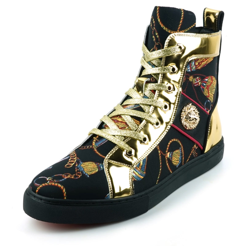 The FI-2421 Black High Top Sneaker Encore by Fiesso, designed by Fiesso, features a combination of micro leather and black fabric, enhanced with gold metallic accents, patterned laces, and a decorative gold lion emblem on the side.