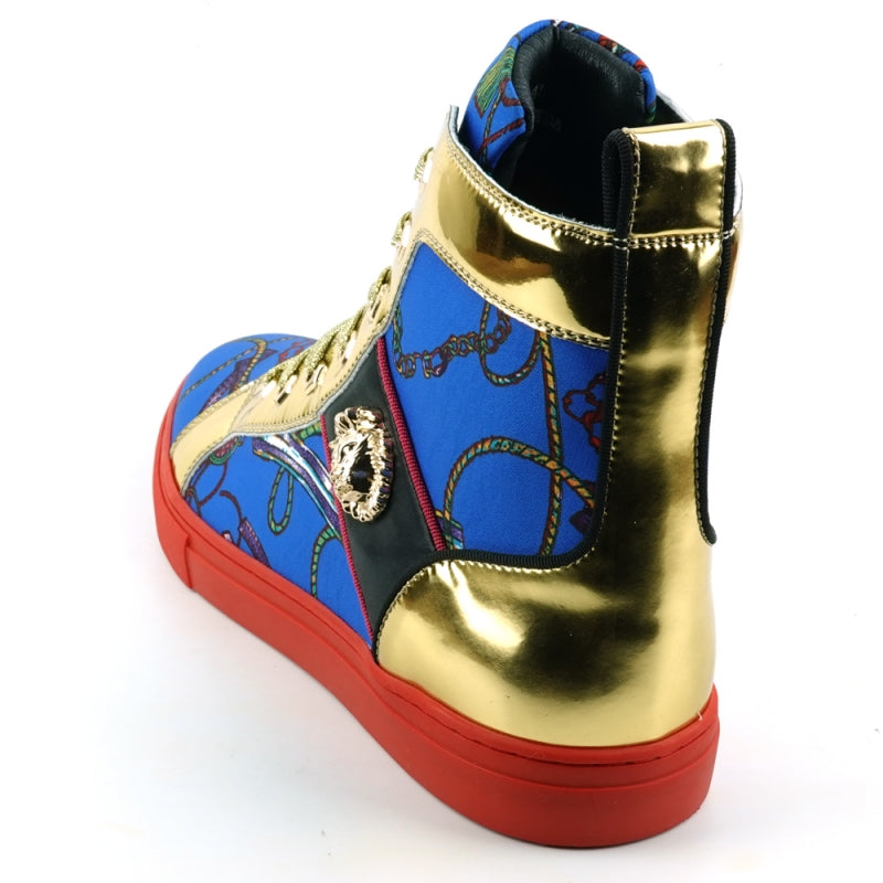 The FI-2421 Blue High Top Sneaker Encore by Fiesso features a striking blue and gold pattern, a distinctive red sole, multicolored laces, and is adorned with a Gold Lion emblem on the side.