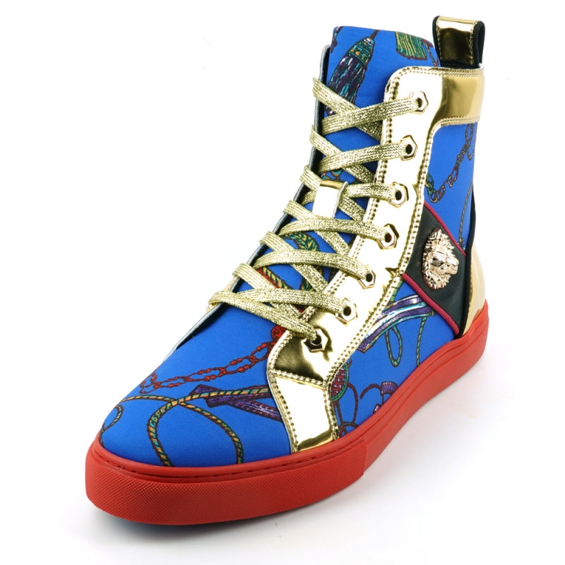 The FI-2421 Blue High Top Sneaker Encore by Fiesso features a striking blue and gold pattern, a distinctive red sole, multicolored laces, and is adorned with a Gold Lion emblem on the side.