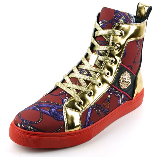 Introducing the FI-2421 Burgundy High Top Sneaker Encore by Fiesso, a standout shoe that combines style and comfort. Featuring vibrant red, gold, and purple patterns with gold metallic accents and a bold red sole, these lace-up sneakers are crafted from micro leather to ensure both durability and flair.