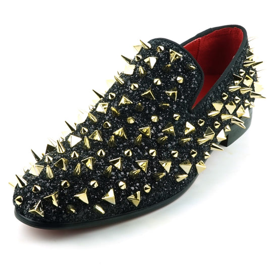 This slip-on suede shoe, the "FI-7517 Black Glitter Gold Spikes Fiesso by Aurelio Garcia" from Fiesso, features a sleek black exterior adorned with striking gold spikes and boasts a luxurious red interior lining.