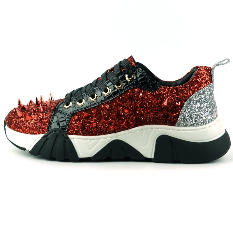 The FI-2406 Red Black Encore by Fiesso from the brand Fiesso captivates with its red glitter upper adorned with black accents and laces, alongside a striking silver heel and metallic red spikes, all supported by a stylish white and black sole.