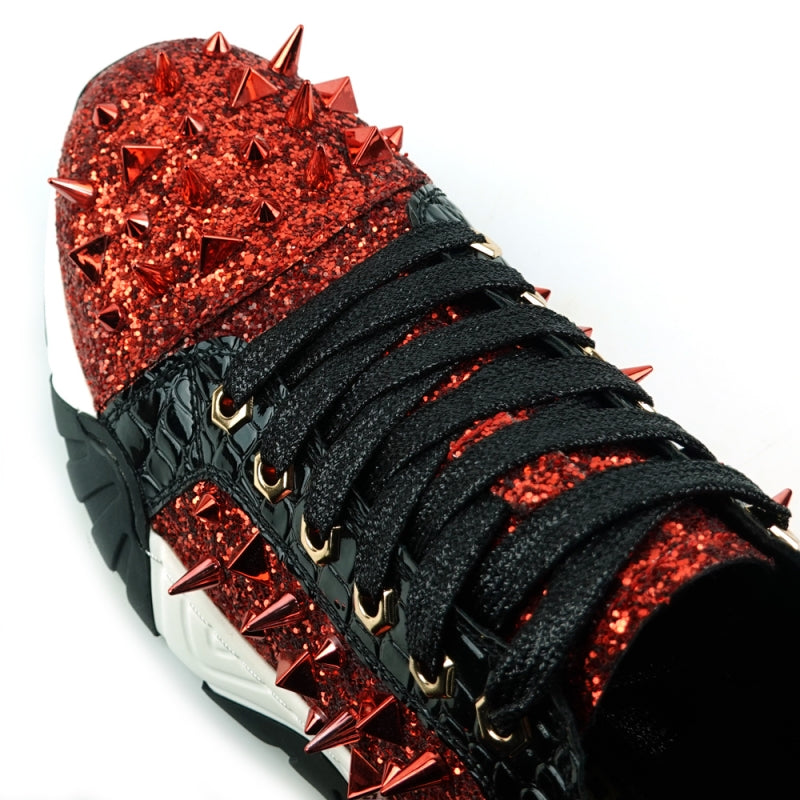 The FI-2406 Red Black Encore by Fiesso from the brand Fiesso captivates with its red glitter upper adorned with black accents and laces, alongside a striking silver heel and metallic red spikes, all supported by a stylish white and black sole.