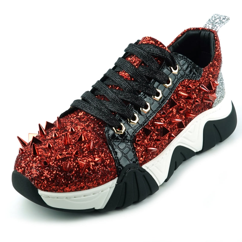 The FI-2406 Red Black Encore by Fiesso from the brand Fiesso captivates with its red glitter upper adorned with black accents and laces, alongside a striking silver heel and metallic red spikes, all supported by a stylish white and black sole.