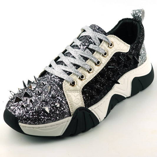 The FI-2406 Silver Black Encore by Fiesso is a sparkling men's casual sneaker featuring a glitter upper, black accents, metallic spikes on the front, white laces, a cushioned insole for enhanced comfort, and a thick black and white sole.