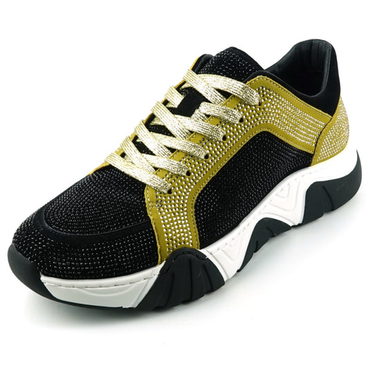 Presenting the FI-2407 Black Gold Encore by Fiesso, a men's casual sneaker that combines black and yellow with striking gold laces. It features a white and black chunky sole, perfectly capturing the essence of sport fashion comfort.