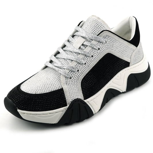 Introducing the FI-2407 White Black Encore by Fiesso, a men's casual sneaker featuring a textured design, a comfort-enhancing thick sole, and subtle suede accents.