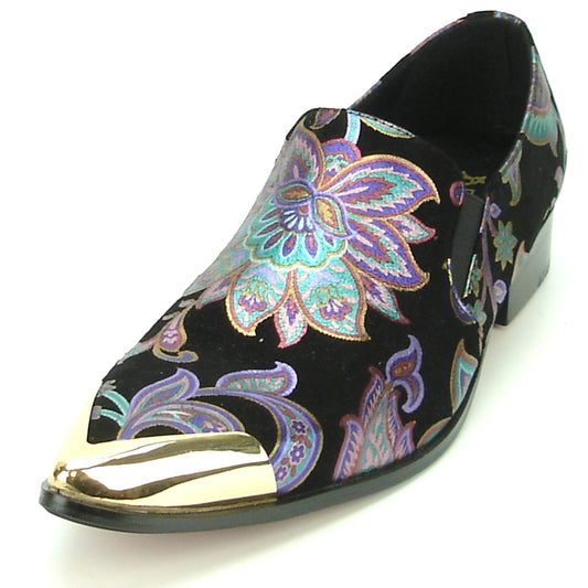 The FI-7133 Black Floral Metal Tip loafer by Fiesso features a metallic pointed toe and low heel, adorned with a vibrant pattern on a black background. This stylish shoe also includes a cushioned insole for enhanced comfort.