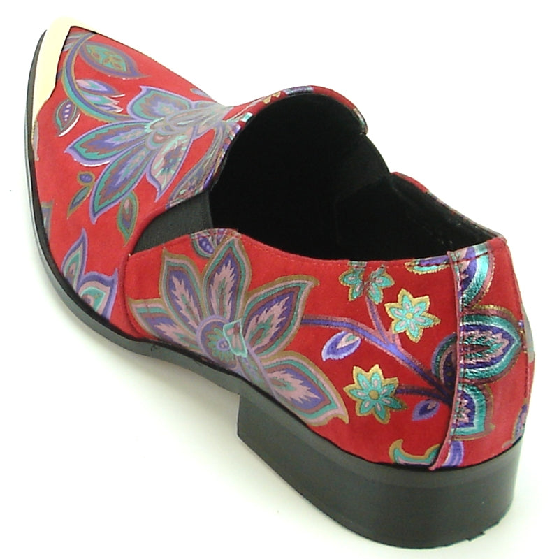 Introducing the FI-7133 Red Floral Metal Tip by Fiesso, a stylish shoe from the Fiesso brand. This fashion statement features a red leather upper decorated with striking blue and purple floral patterns and is accented with a metallic gold pointed toe. The shoe also includes a cushioned insole for enhanced comfort.