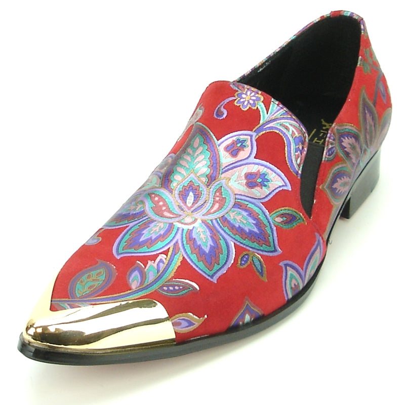 Introducing the FI-7133 Red Floral Metal Tip by Fiesso, a stylish shoe from the Fiesso brand. This fashion statement features a red leather upper decorated with striking blue and purple floral patterns and is accented with a metallic gold pointed toe. The shoe also includes a cushioned insole for enhanced comfort.