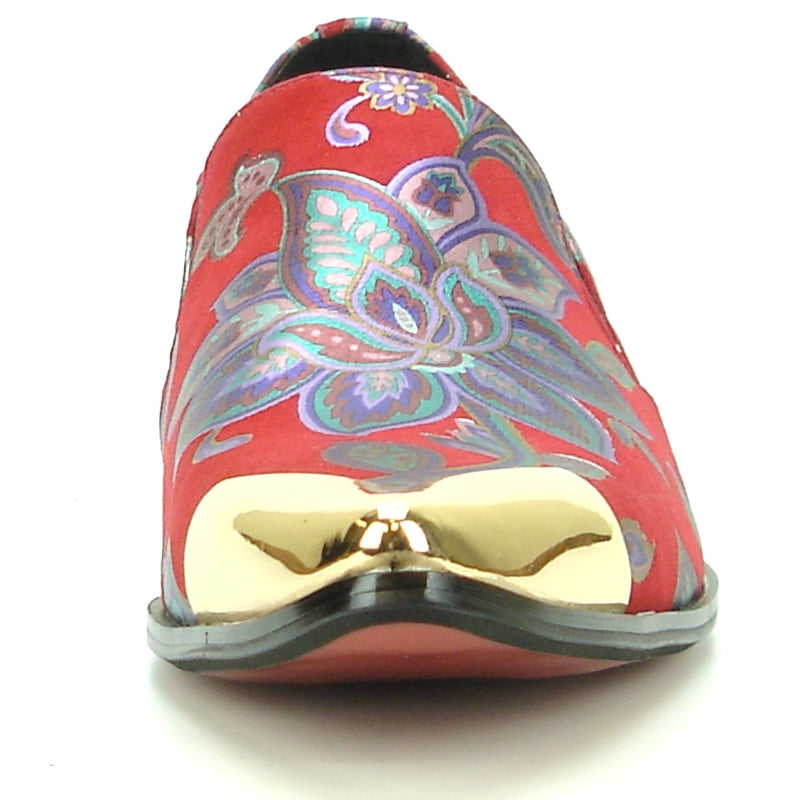 Introducing the FI-7133 Red Floral Metal Tip by Fiesso, a stylish shoe from the Fiesso brand. This fashion statement features a red leather upper decorated with striking blue and purple floral patterns and is accented with a metallic gold pointed toe. The shoe also includes a cushioned insole for enhanced comfort.