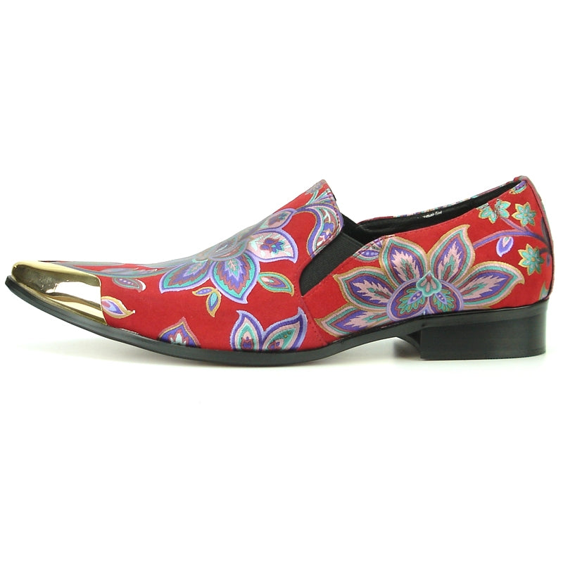 Introducing the FI-7133 Red Floral Metal Tip by Fiesso, a stylish shoe from the Fiesso brand. This fashion statement features a red leather upper decorated with striking blue and purple floral patterns and is accented with a metallic gold pointed toe. The shoe also includes a cushioned insole for enhanced comfort.