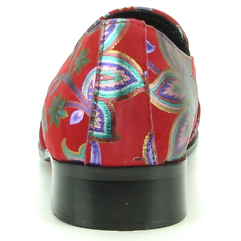 Introducing the FI-7133 Red Floral Metal Tip by Fiesso, a stylish shoe from the Fiesso brand. This fashion statement features a red leather upper decorated with striking blue and purple floral patterns and is accented with a metallic gold pointed toe. The shoe also includes a cushioned insole for enhanced comfort.