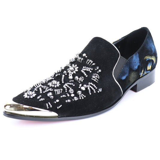 The FI-7235 Black Slip On by Fiesso showcases a black suede upper embellished with intricate silver beading, paired with a metallic gold toe cap and a low heel. Each step is made comfortable with its cushioned insole.