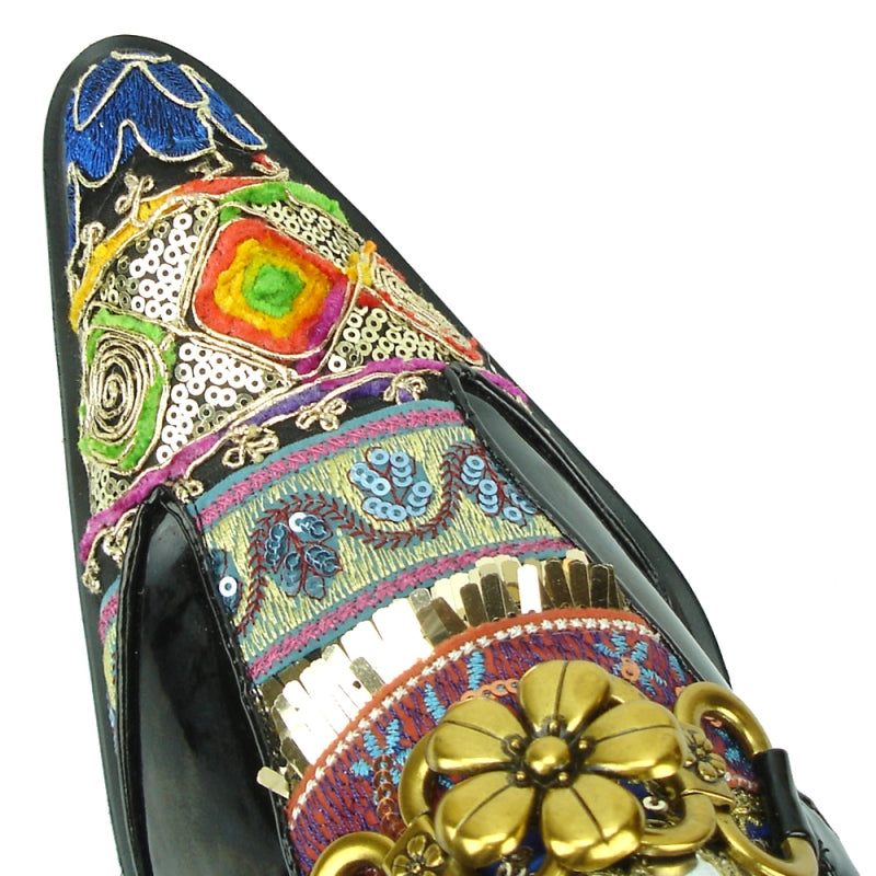 The FI-7237 Black-Multicolor Slip On by Fiesso offers a stylish design with a leather upper and low heel, featuring intricate patterns and decorative gold flowers. It provides ultimate comfort with its cushioned insole.