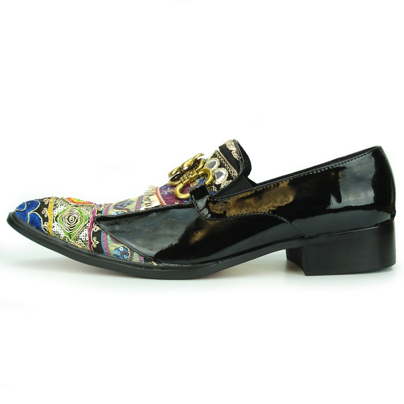 The FI-7237 Black-Multicolor Slip On by Fiesso offers a stylish design with a leather upper and low heel, featuring intricate patterns and decorative gold flowers. It provides ultimate comfort with its cushioned insole.