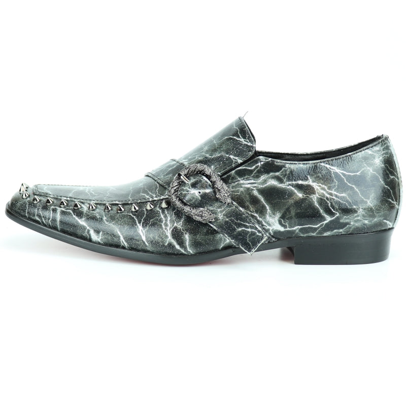 Introducing the FI-7248 Grey Slip On by Fiesso from Aurelio Garcia, a fashionable shoe featuring a chic leather upper. This slip-on showcases a marbled design embellished with metallic studs and a decorative buckle, ensuring all-day comfort with its cushioned insole.