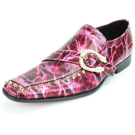 Meet the FI-7248 Red Slip On by Fiesso, a fashion-forward loafer featuring a leather upper adorned with a striking pink and purple lightning pattern. This eye-catching shoe is enhanced by a studded front and decorative buckle, while its cushioned insole offers unparalleled comfort without compromising on style.