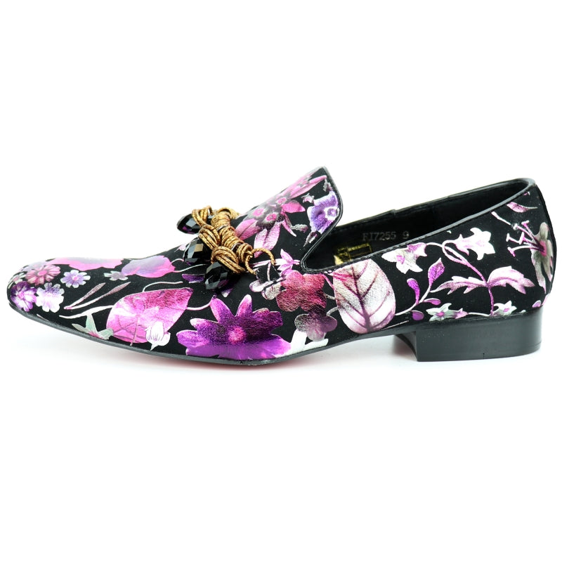 The FI-7255 Multicolor Slip On by Fiesso showcases a floral-patterned design in pink, purple, and black, adorned with decorative tassels and sparkling gemstones for the perfect fashion shoe.