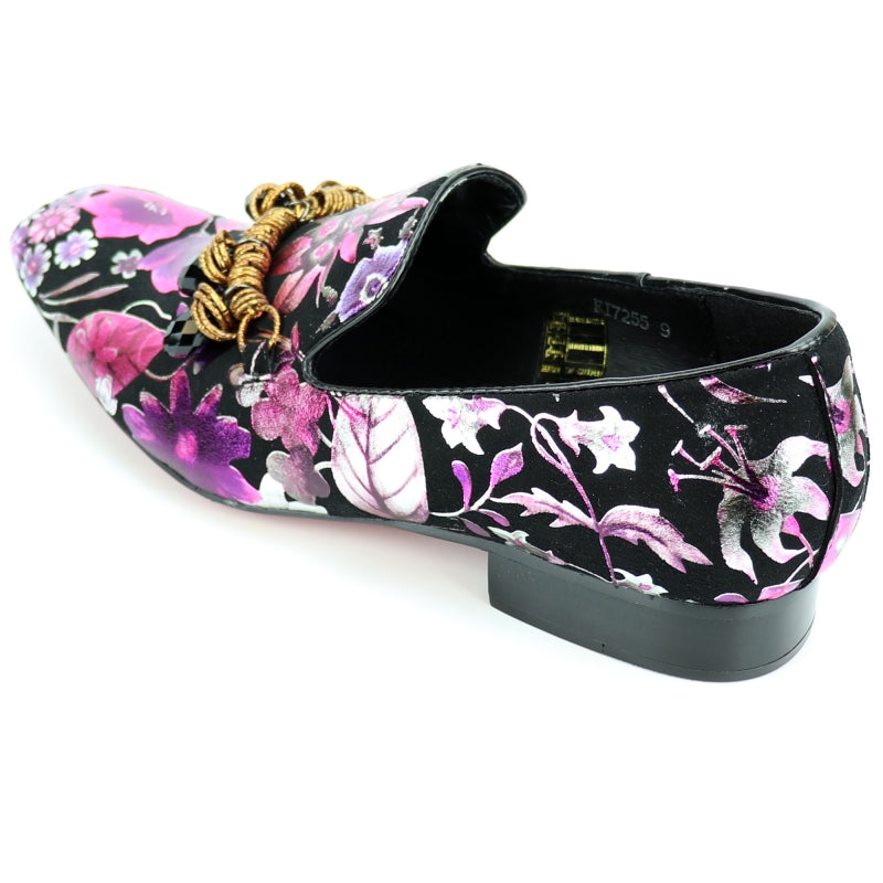 The FI-7255 Multicolor Slip On from Fiesso by Aurelio Garcia is a fashion shoe featuring a premium leather upper, adorned with a vibrant pink floral pattern and decorative gold and black embellishments on top.