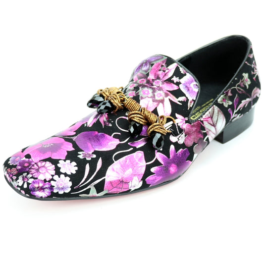 The FI-7255 Multicolor Slip On by Fiesso showcases a floral-patterned design in pink, purple, and black, adorned with decorative tassels and sparkling gemstones for the perfect fashion shoe.