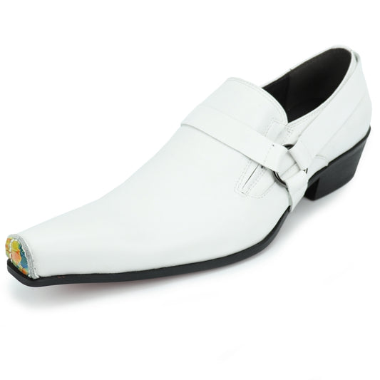 A sleek white leather shoe from Fiesso, the FI-7278 boasts a pointed toe with a buckle detail and features a worn front edge that unveils vibrant fabric underneath.