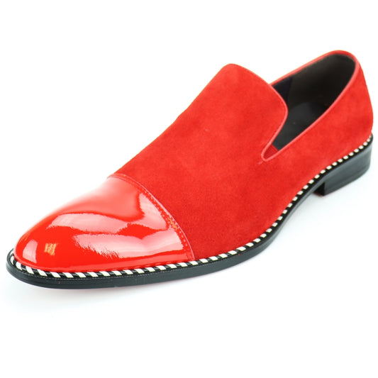 Introducing the Fiesso by Aurelio Garcia FI-7280 Red Suede Cap Toe Slip-On: a chic fashion shoe featuring a glossy cap toe, suede upper, and a stylish black sole with white stitching. It also comes with a cushioned insole for enhanced comfort.