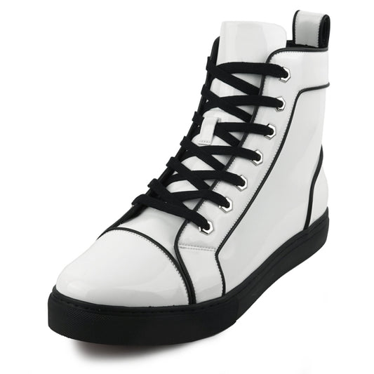 The FI-2416 White Patent Leather High Top Sneaker by Fiesso showcases a side view with black laces, a black sole, and a cushioned insole for enhanced comfort.