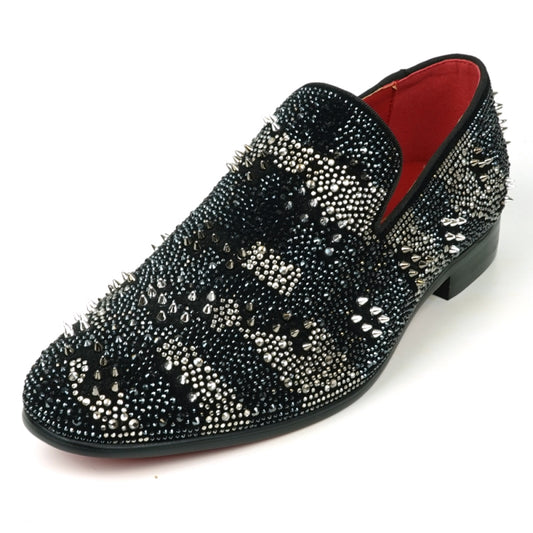 The FI-7516 Black Silver Suede Rhinestones Spikes Slip-On Loafer from Fiesso by Aurelio Garcia features a white polka dot pattern and small rhinestone spikes, complemented by a striking red interior lining. Ideal for those looking for high-fashion men's dress shoes with a unique twist.