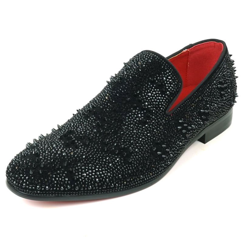 Explore the FI-7516 Black Suede Rhinestones Spikes Slip-on Loafer by Fiesso, embellished with gleaming studs and rhinestone spikes, and showcasing a striking red interior lining.