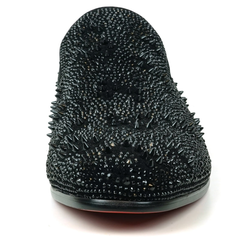 Explore the FI-7516 Black Suede Rhinestones Spikes Slip-on Loafer by Fiesso, embellished with gleaming studs and rhinestone spikes, and showcasing a striking red interior lining.