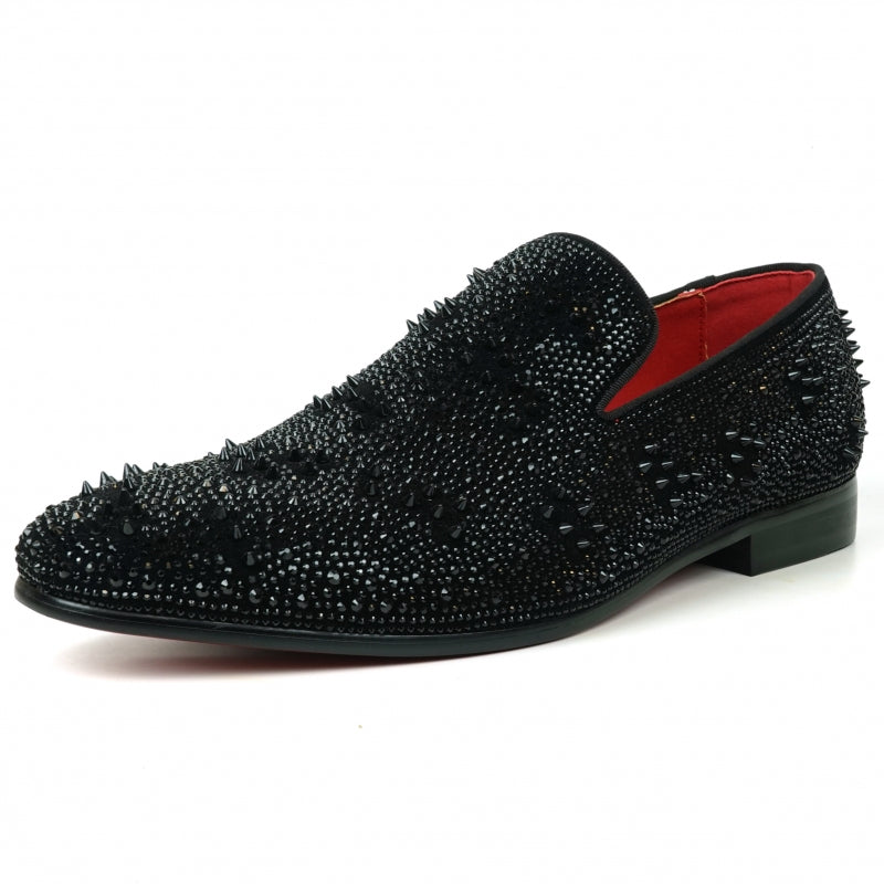 Explore the FI-7516 Black Suede Rhinestones Spikes Slip-on Loafer by Fiesso, embellished with gleaming studs and rhinestone spikes, and showcasing a striking red interior lining.