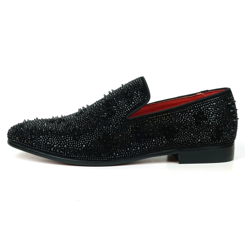 Explore the FI-7516 Black Suede Rhinestones Spikes Slip-on Loafer by Fiesso, embellished with gleaming studs and rhinestone spikes, and showcasing a striking red interior lining.