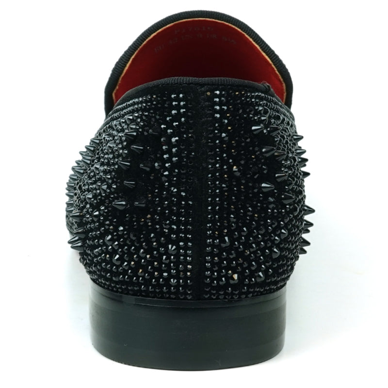 Explore the FI-7516 Black Suede Rhinestones Spikes Slip-on Loafer by Fiesso, embellished with gleaming studs and rhinestone spikes, and showcasing a striking red interior lining.