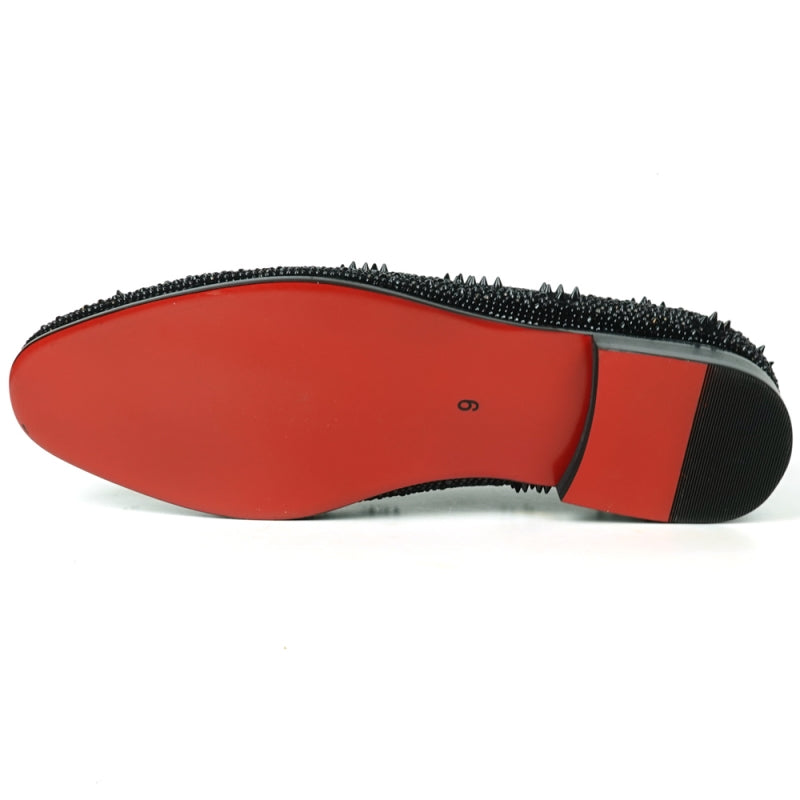 Explore the FI-7516 Black Suede Rhinestones Spikes Slip-on Loafer by Fiesso, embellished with gleaming studs and rhinestone spikes, and showcasing a striking red interior lining.