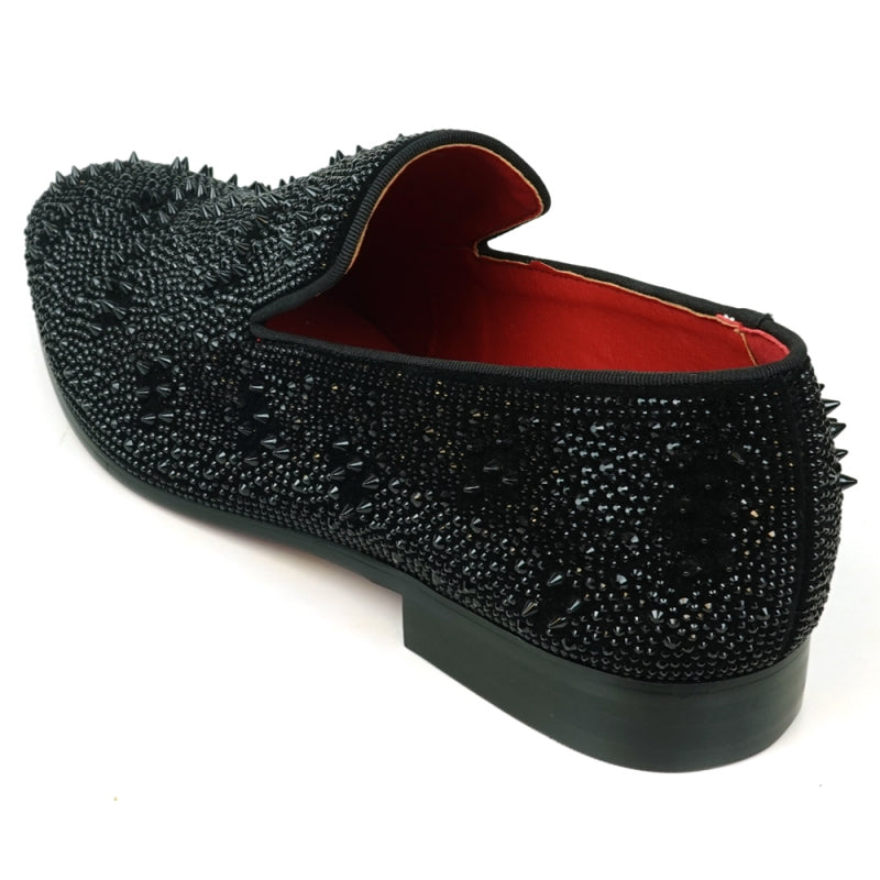 Explore the FI-7516 Black Suede Rhinestones Spikes Slip-on Loafer by Fiesso, embellished with gleaming studs and rhinestone spikes, and showcasing a striking red interior lining.