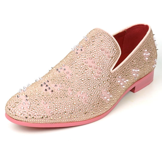 The FI-7516 Pink Suede Rhinestones Spikes Slip on Loafer Fiesso by Aurelio Garcia is a single pink suede loafer embellished with sparkling rhinestones and small spikes, and it features a red interior and sole.