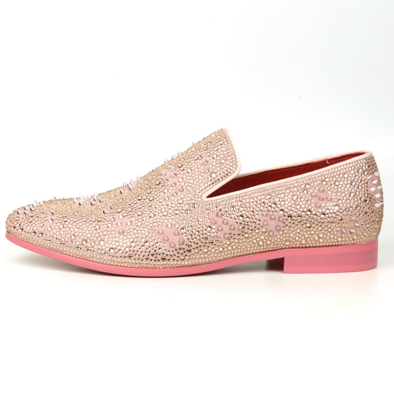 FI-7516 Pink Suede Rhinestones Spikes Slip on Loafer Fiesso by Aurelio Garcia