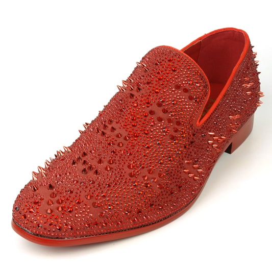 The FI-7516 Red Suede Rhinestones Spikes Slip on Loafer by Fiesso is a bold statement piece, embellished with spikes and small rhinestones for an edgy yet sophisticated appearance.