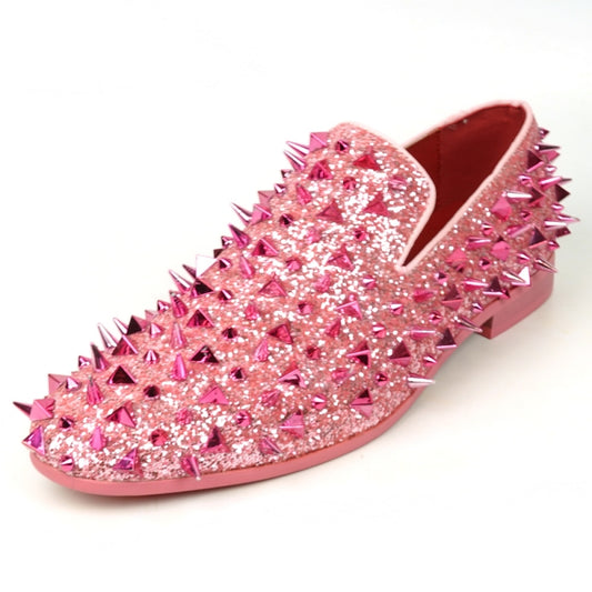 The FI-7517 Pink Glitter Pink Spikes Slip-on Loafer from Fiesso by Aurelio Garcia is a striking men's dress shoe featuring a sparkling pink glitter design and embellished with an array of vibrant pink spikes.