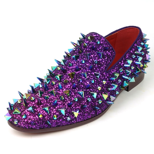 Introducing the FI-7517 Purple Glitter Loafer by Fiesso—a show-stopping piece highlighted with iridescent purple spikes and a radiant red interior lining. Slip into this Fiesso creation for an unforgettable burst of bold fashion.