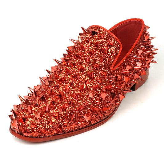 Add a touch of bold sophistication to your wardrobe with the Fiesso FI-7517 Red Glitter Red Spikes Slip-on Loafer, featuring an eye-catching design of spikes, sequins, and a hint of red glitter.