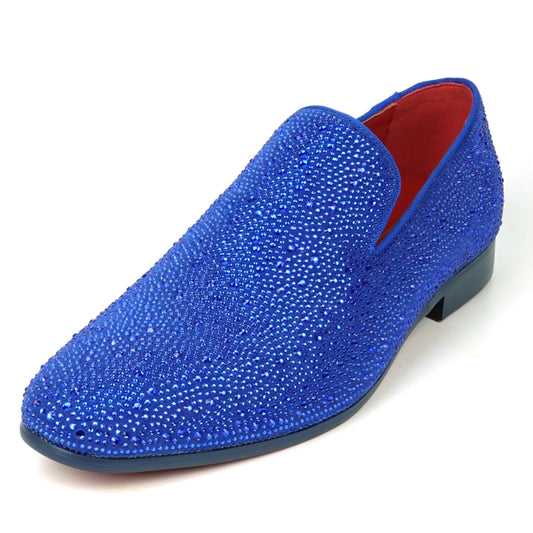 The FI-7525 Blue Suede Blue Rhinestones Slip on Loafer by Fiesso is a stunning creation featuring dazzling rhinestones, a vibrant red interior lining, and a sleek black sole.