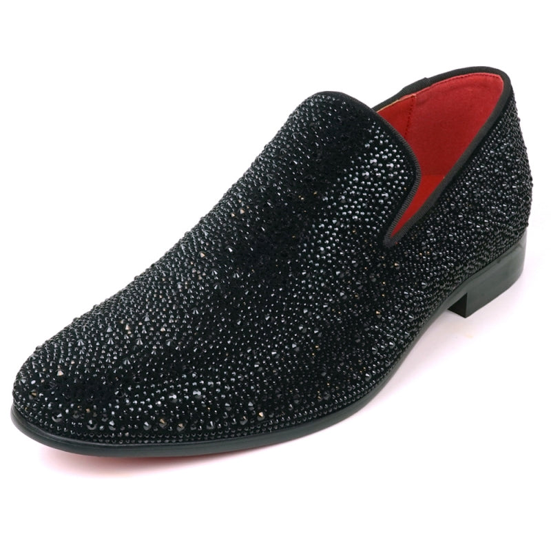 Fiesso presents the FI-7525 Black Suede Slip-On Loafer with dazzling black rhinestones, featuring a red interior and low heel for a fashionable accent.