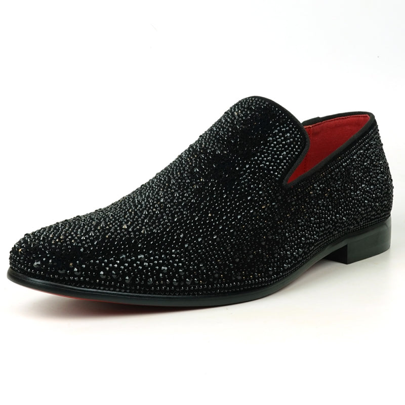 Fiesso presents the FI-7525 Black Suede Slip-On Loafer with dazzling black rhinestones, featuring a red interior and low heel for a fashionable accent.