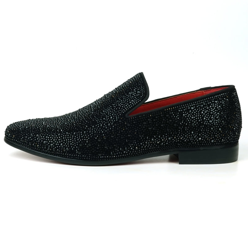 Fiesso presents the FI-7525 Black Suede Slip-On Loafer with dazzling black rhinestones, featuring a red interior and low heel for a fashionable accent.