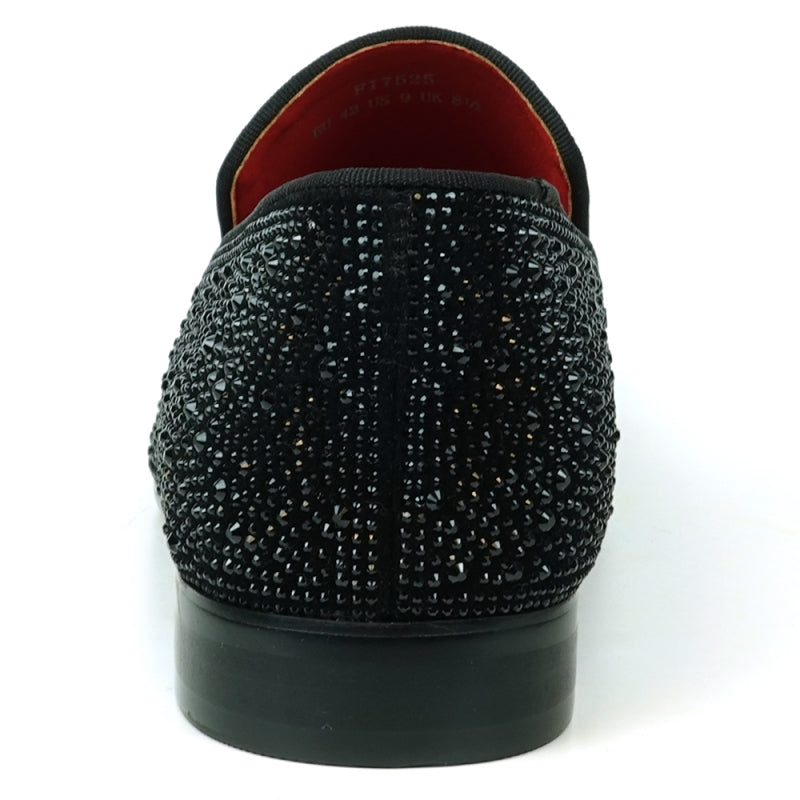 Fiesso presents the FI-7525 Black Suede Slip-On Loafer with dazzling black rhinestones, featuring a red interior and low heel for a fashionable accent.