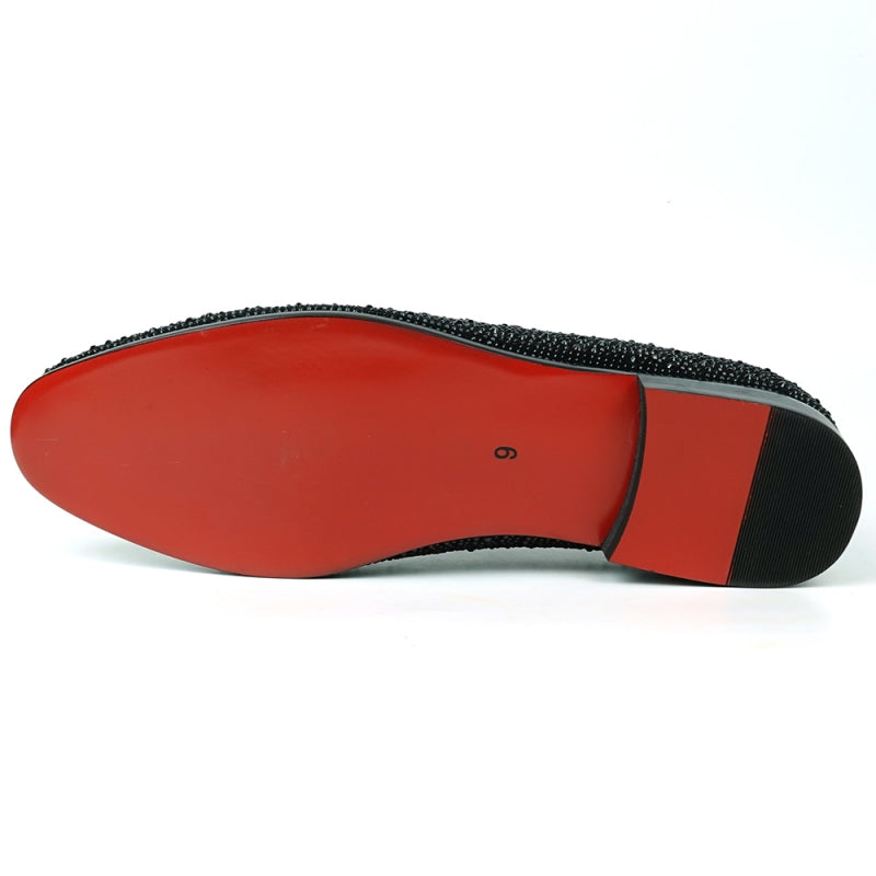 Fiesso presents the FI-7525 Black Suede Slip-On Loafer with dazzling black rhinestones, featuring a red interior and low heel for a fashionable accent.