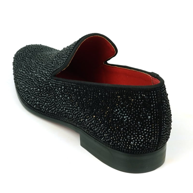 Fiesso presents the FI-7525 Black Suede Slip-On Loafer with dazzling black rhinestones, featuring a red interior and low heel for a fashionable accent.